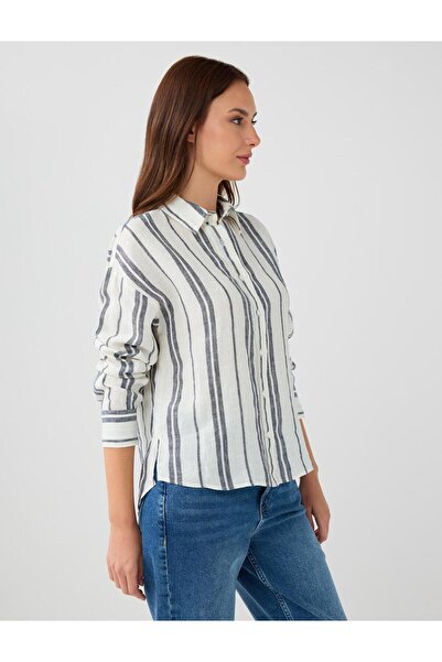 Jimmy Key İndigo Mavi %100 Keten Rahat Kesim Çizgili Keten Gömlek