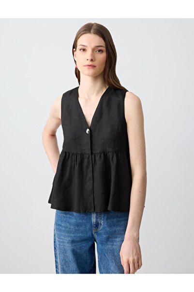 Jimmy Key Siyah Düz Kesim V Yaka Keten Bluz