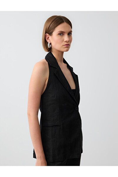Jimmy Key Siyah %100 Keten Dar Kesim Sırt Dekolteli Cep Detaylı Yelek