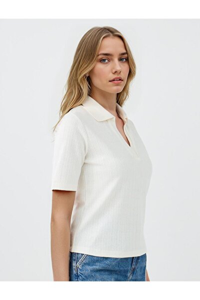 Jimmy Key Ecru Polo Neck Short Sleeve Cotton Knitted Blouse