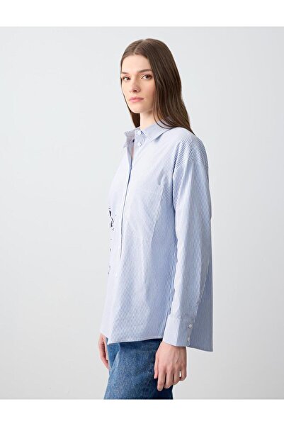 Jimmy Key Mavi Düz Kesim Uzun Kollu Çiçek Desenli Çizgili Gömlek