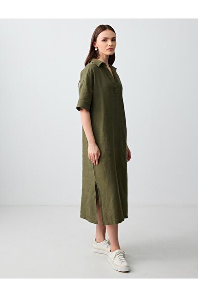 Jimmy Key Khaki 100% Linen Relaxed Cut Shirt Collar Short Sleeve Midi Dress