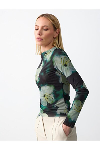 Jimmy Key Print Floral Print Crew Neck Long Sleeve Mesh Knitted Blouse