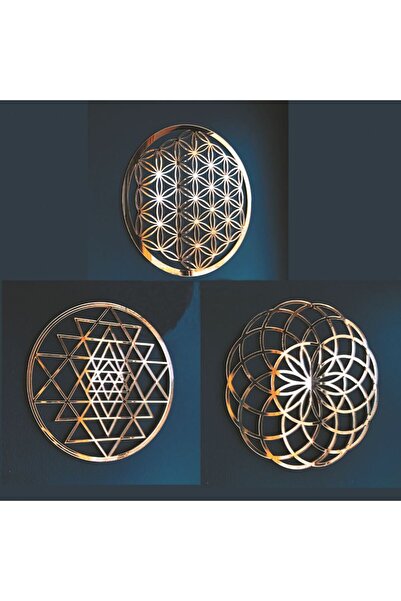 Numa Concept Flower of Life Sri Yantra 3-Piece Subla Kitchen Presentation Service Set Mirrored Gold Plexi Each 30X30 cm