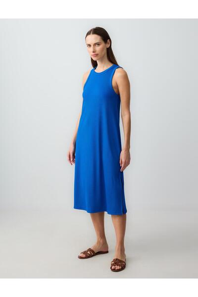 Jimmy Key Kobalt Rahat Kesim Kolsuz Bisiklet Yaka Örme Midi Elbise