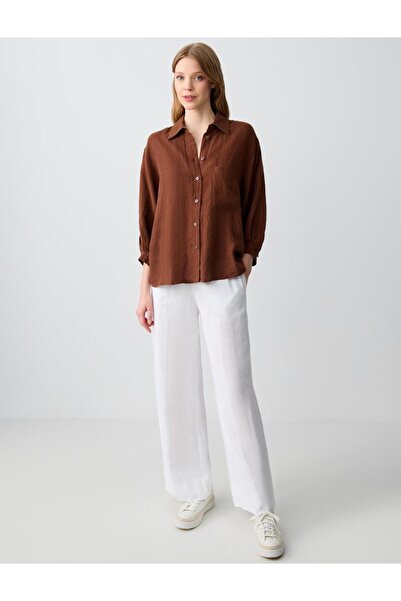 Jimmy Key Bitter Brown 100% Linen Relaxed Fit Three Quarter Sleeve Woven Shirt