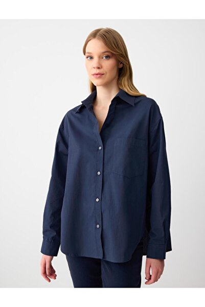 Jimmy Key Navy Blue 100% Cotton Relaxed Cut Long Sleeve Woven Shirt