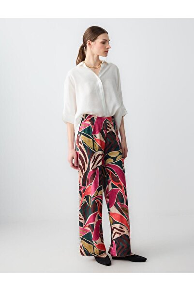 Jimmy Key Karışık Rahat Kesim Yüksek Bel Bol Paça Çiçek Desenli Keten Pantolon