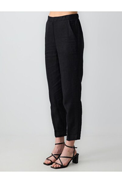 Jimmy Key Siyah %100 Keten Yüksek Bel Normal Paça Dokuma Pantolon