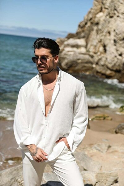 SERAZAT Men's Oversize Loose Cut 100% Cotton Linen Shirt