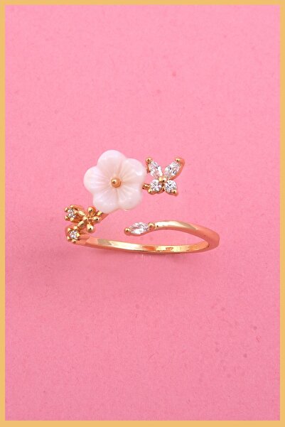 AURRARİ Kadın 18k Altın Kaplama Sedef Çiçek Motifli Ayarlanabilir Çelik Yüzük (exclusive)