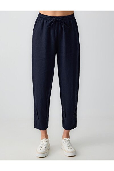 Jimmy Key Lacivert %100 Keten Yüksek Bel Dar Paça Dokuma Pantolon