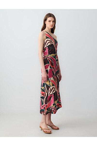 Jimmy Key Karışık Dar Kesim Tek Omuz Asimetrik Yaka Keten Midi Elbise