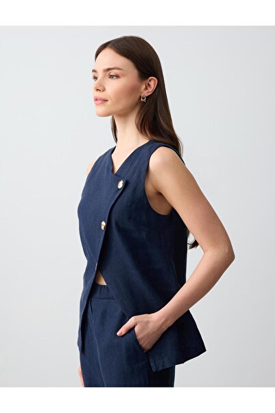 Jimmy Key Μπλε Navy 100% λινό λεπτό γιλέκο με λεπτομέρεια με κουμπιά