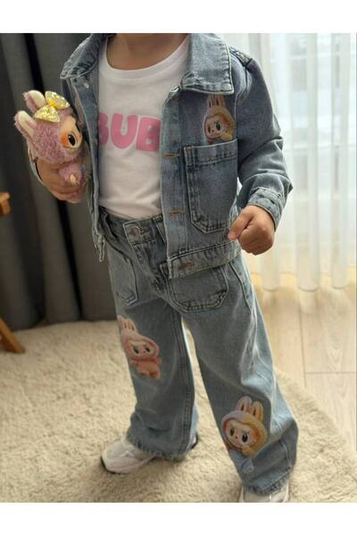 Çamur Kids Labubu Printed 3-Piece Girls' Jeans Set - Jacket, T-Shirt, Jean Pants, Ages 3-10