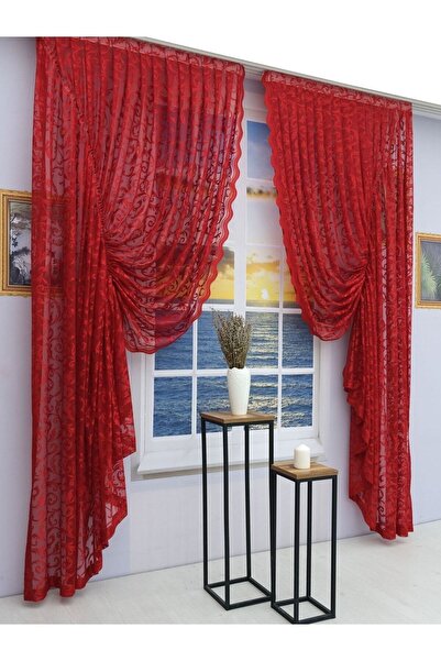 Artper Perdeniz Büzgülü 2 Kanat Tül Fon Perde Kırmızı