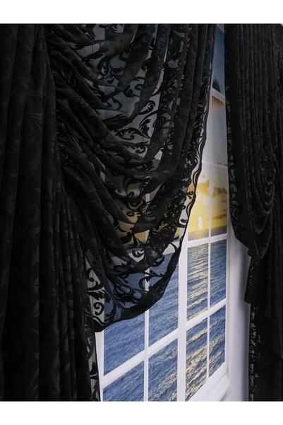 Artper Perdeniz Gathered 2 Wings Tulle Background Curtain Black