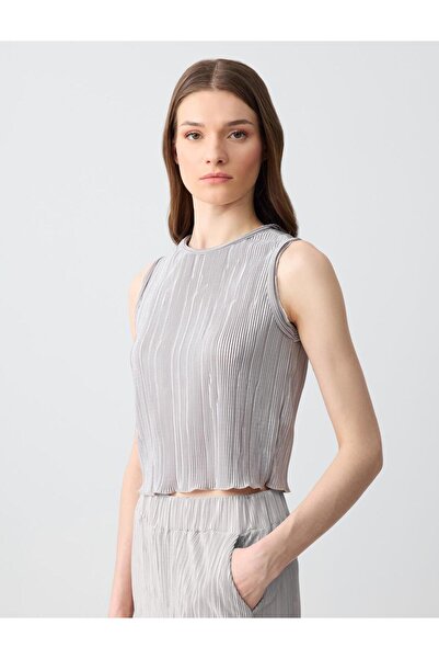 Jimmy Key Gümüş Dar Kesim Yuvarlak Yaka Piliseli Örme Bluz