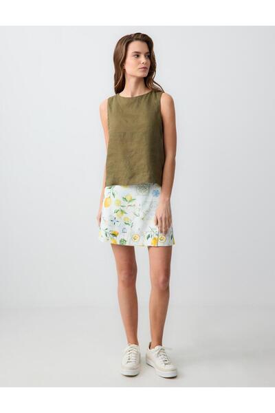 Jimmy Key Sarı Normal Bel Düz Kesim Desenli Keten Mini Etek