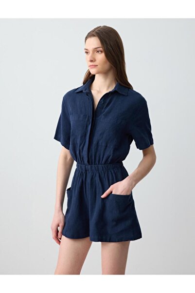 Jimmy Key Lacivert %100 Keten Kısa Kollu Gömlek Yaka Beli Lastikli Mini Tulum