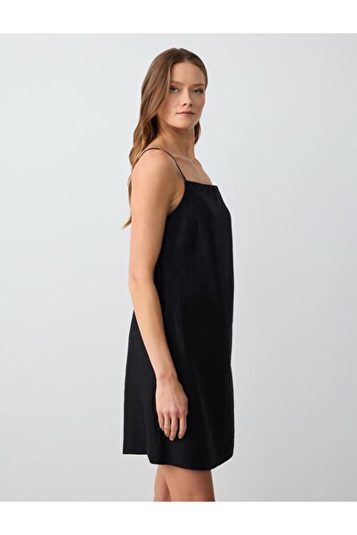 Jimmy Key Siyah %100 Keten Düz Kesim Kısa Tulum