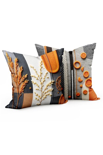 CANİLA Orange, Embroidery Pattern, Digital Print, Double-Sided Throw Pillow Cover. Set of 2 Throw Pillow Covers