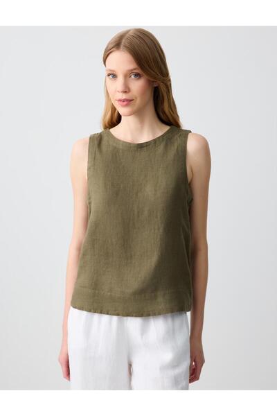 Jimmy Key Khaki 100% Linen Round Neck Sleeveless Woven Blouse