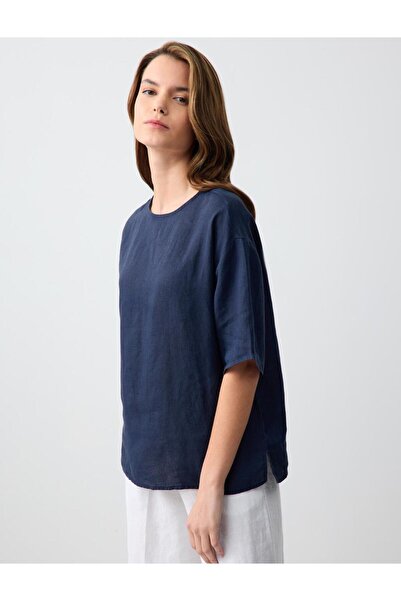 Jimmy Key Синій 100% льон Зручний крій Короткі рукави Велосипедна комір блуза