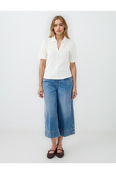 Jimmy Key Ecru Polo Neck Short Sleeve Cotton Knitted Blouse
