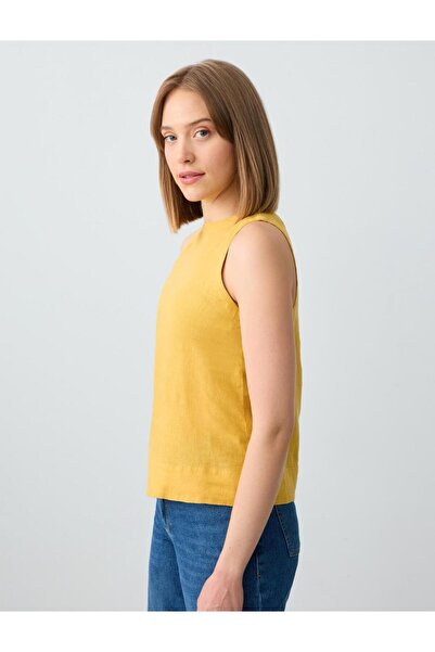 Jimmy Key Hardal %100 Keten Yuvarlak Yaka Kolsuz Dokuma Bluz