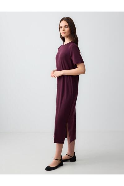 Jimmy Key Burgundy Straight Cut Crew Neck Short Sleeve Knitted Dress
