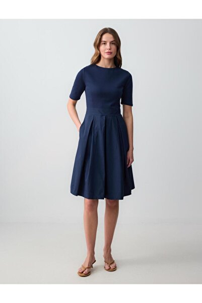 Jimmy Key Navy Blue Crew Neck Short Sleeve Woven Midi Dress