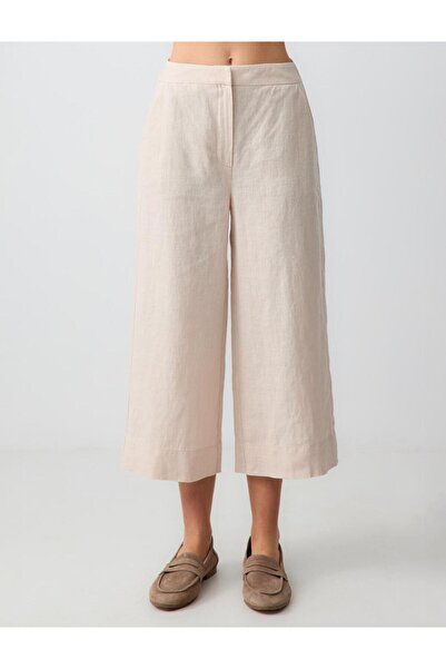 Jimmy Key Πέτρινο 100% λινό χαλαρό παντελόνι με ψηλόμεσο φαρδύ πόδι