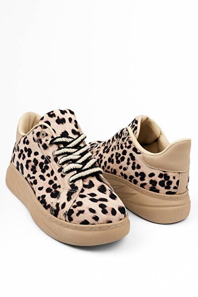 Nstil Günlük Kadın Sneaker Leopar Desenli Bağcıklı Oval Burun Yüksek Kalın Topuklu Spor Ayakkabı 313
