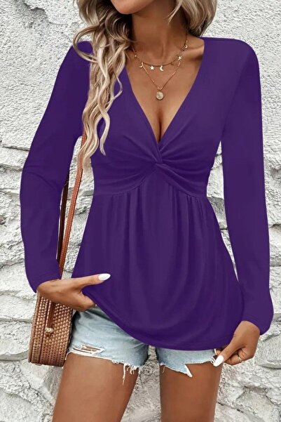 Mossta V-Neck Long Sleeve Viscose Blouse with Knot Detail - Purple