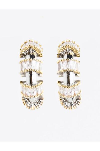 Jimmy Key Altın Rengi Parlak Taş Detaylı Modern Halka Küpe