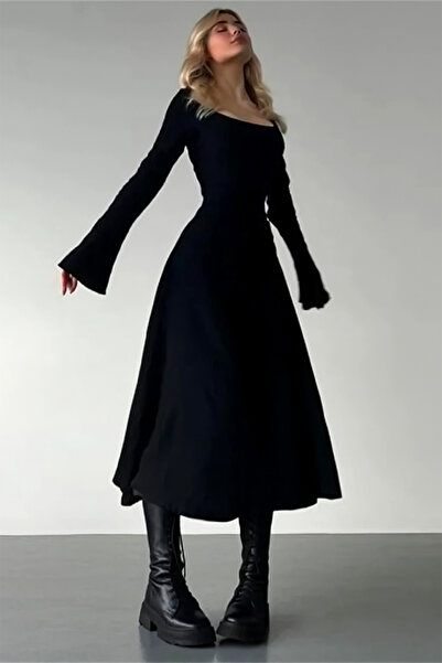 peelter Kadın Kare Yaka İspanyol Kol Uzun Elbise