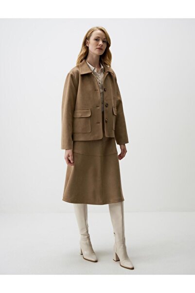 Jimmy Key Bej Rahat Kesim Örme Kadife Midi Etek