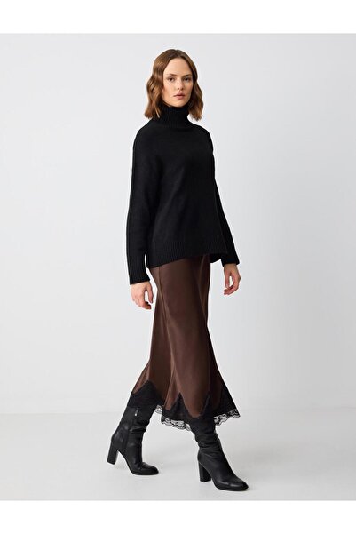 Jimmy Key Fusta lungă țesătă din satin maro închis cu talie elastică