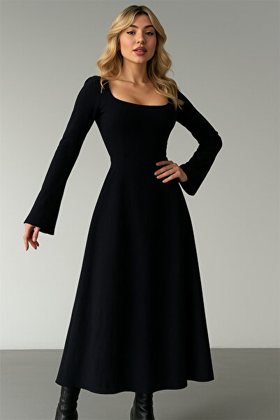 peelter Kadın Kare Yaka İspanyol Kol Uzun Elbise