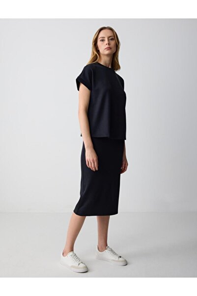 Jimmy Key Siyah Yüksek Bel Dar Kesim Örme Modal Midi Etek