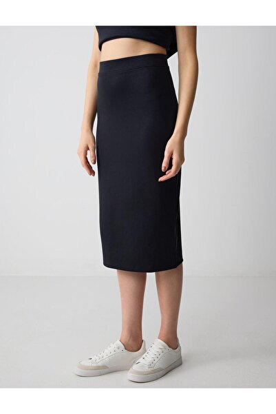 Jimmy Key Siyah Yüksek Bel Dar Kesim Örme Modal Midi Etek