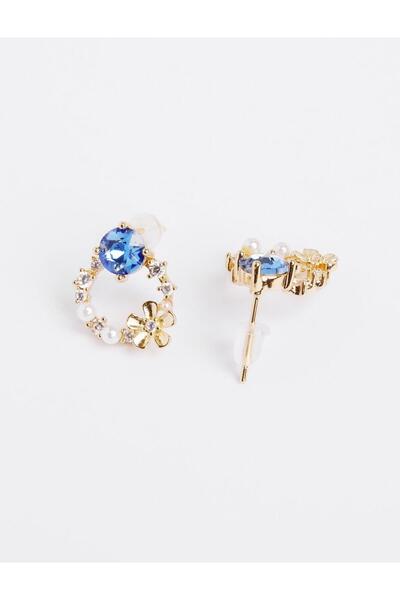 Jimmy Key Mavi Çiçek Desenli İnci Detaylı Küpe