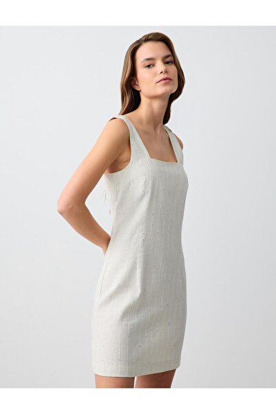 Jimmy Key Taş Kare Yaka Kolsuz Dokuma Keten Karışımlı Mini Elbise