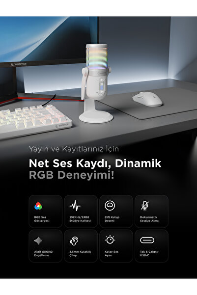 Rampage Diyez Beyaz Rgb Ses Gösterge Mikrofon Oyuncu Mikrofonu Yayıncı Mikrofonu Youtuber Mikrofonu