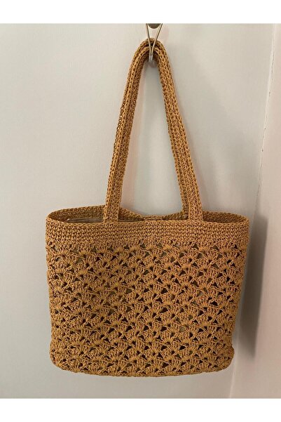 ELİŞİ MODA Koyu Hasır Rengi, El Yapımı Kağıt İp Örgü Çanta, Günlük Askılı Omuz Çantası Astarlı, Cepli, Çıtçıtlı