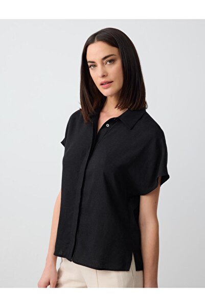 Jimmy Key Siyah Kısa Kollu Keten Karışımlı Gömlek