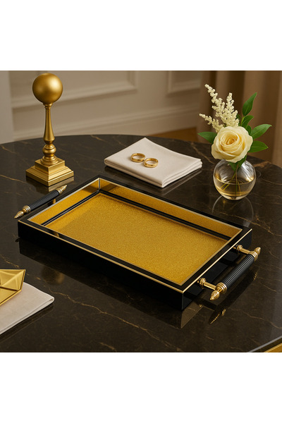 YzHome Lüks Gold Detaylı Simli Sunum Tepsisi Yaldızlı Tepsi 32*17CM