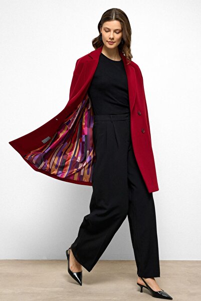 Olcay Patterned Lined Oversize Double Breasted Coat Red 3095