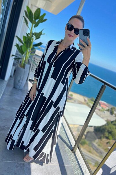 DISHI FASHİON فستان قميص طويل بدون حزام بيانو